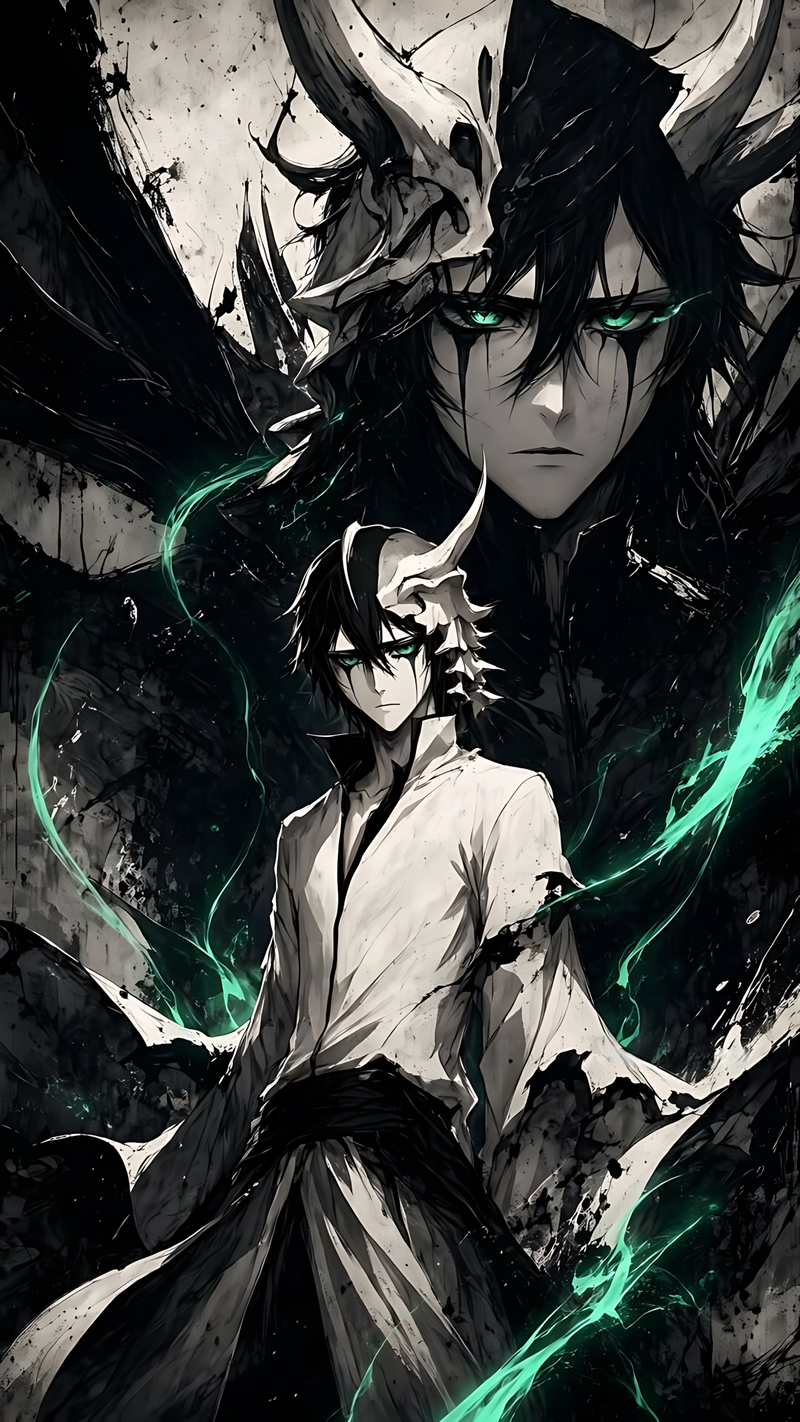 Anime poster featuring a dark-haired swordsman with teal eyes and green energy blasts