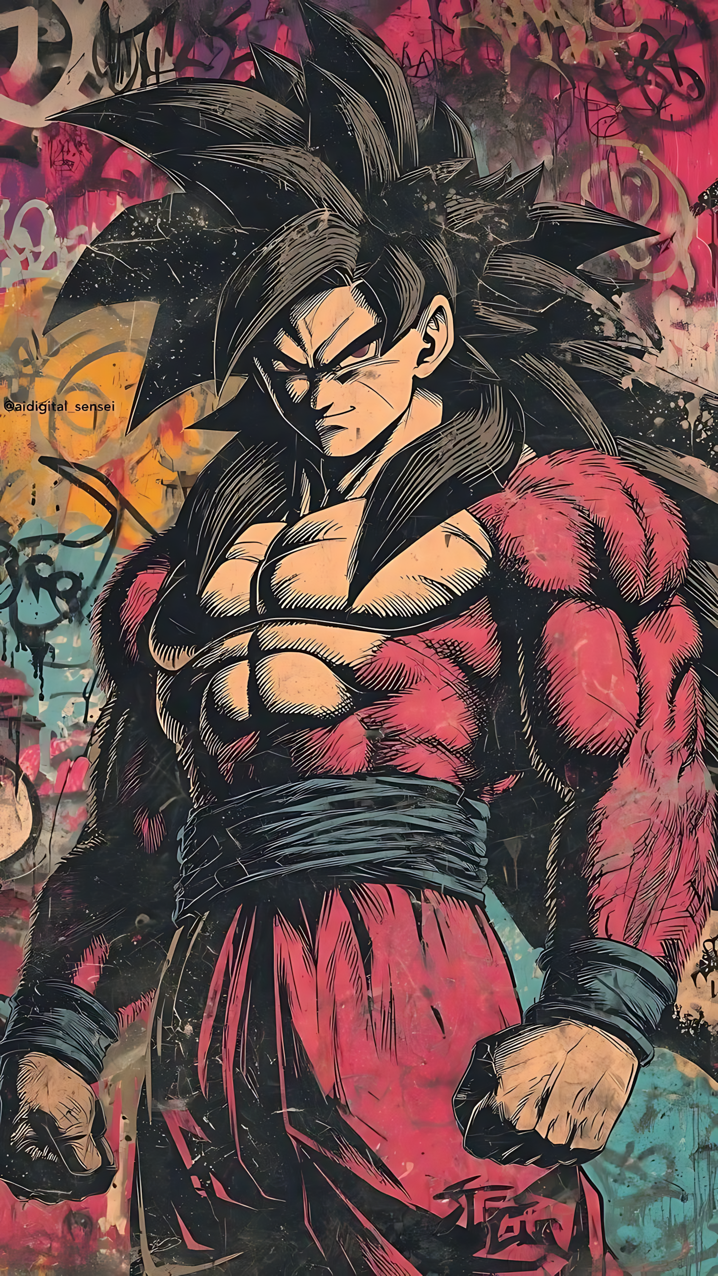 Graffiti-style poster featuring Super Saiyan 4 Goku with spiky black hair, red fur armor