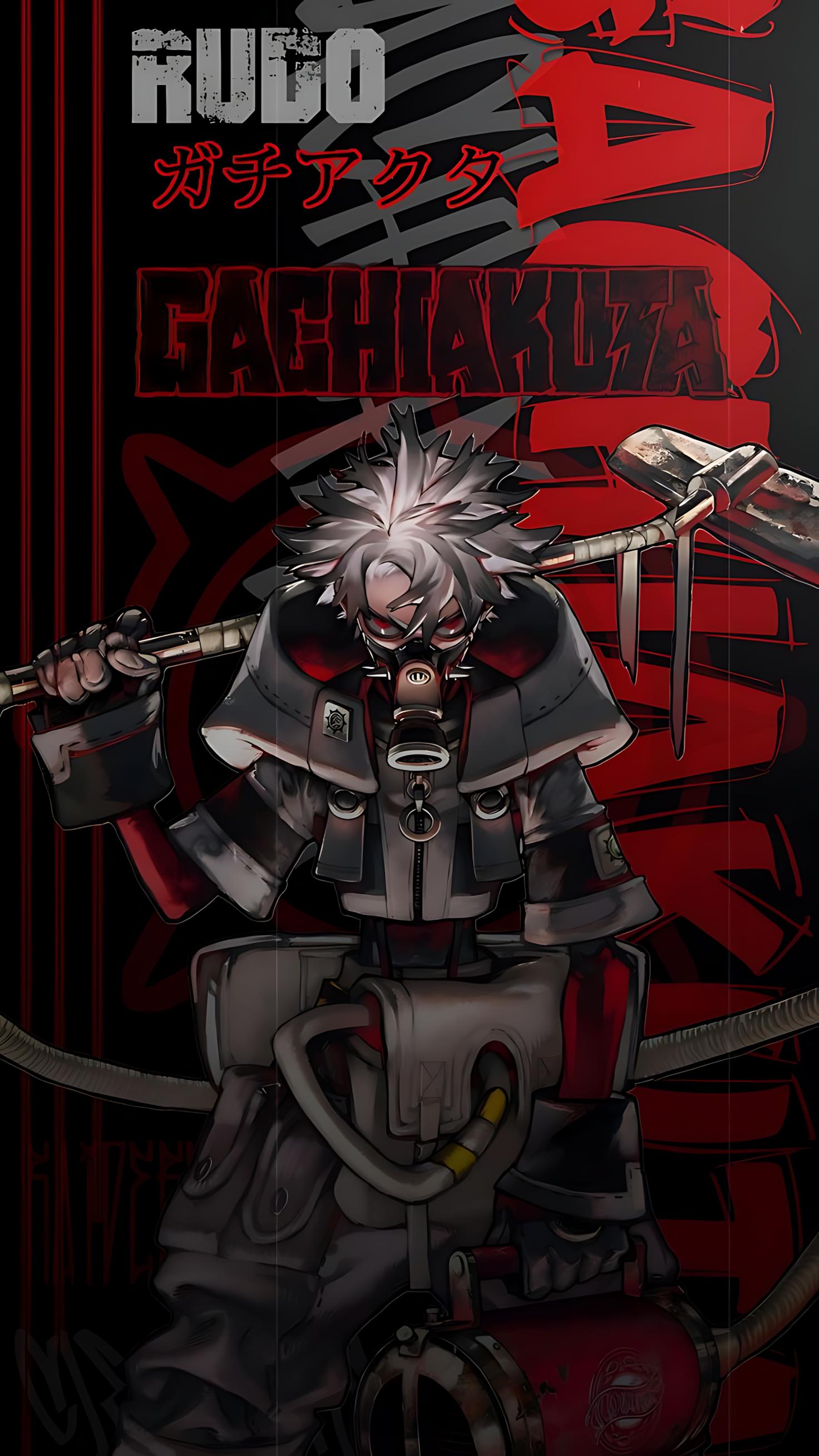 Gritty urban anime weapon poster with armored character holding a sword in red and black