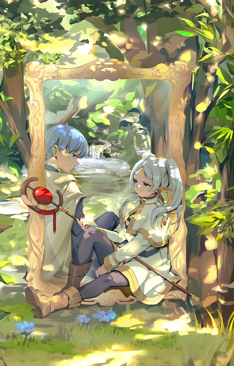 Anime poster with two characters seated in a golden arch in a green forest scene