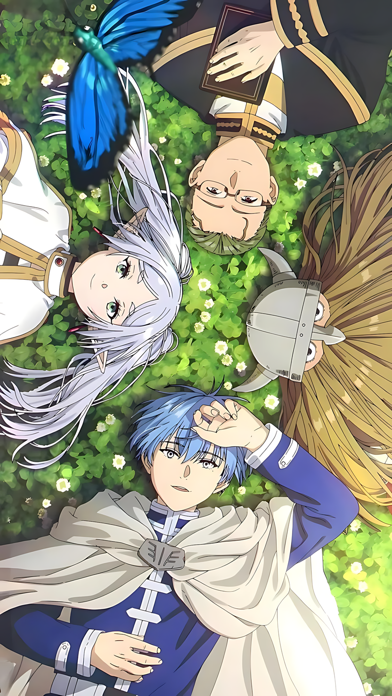 Anime meadow poster featuring four characters with flowing hair and flowers