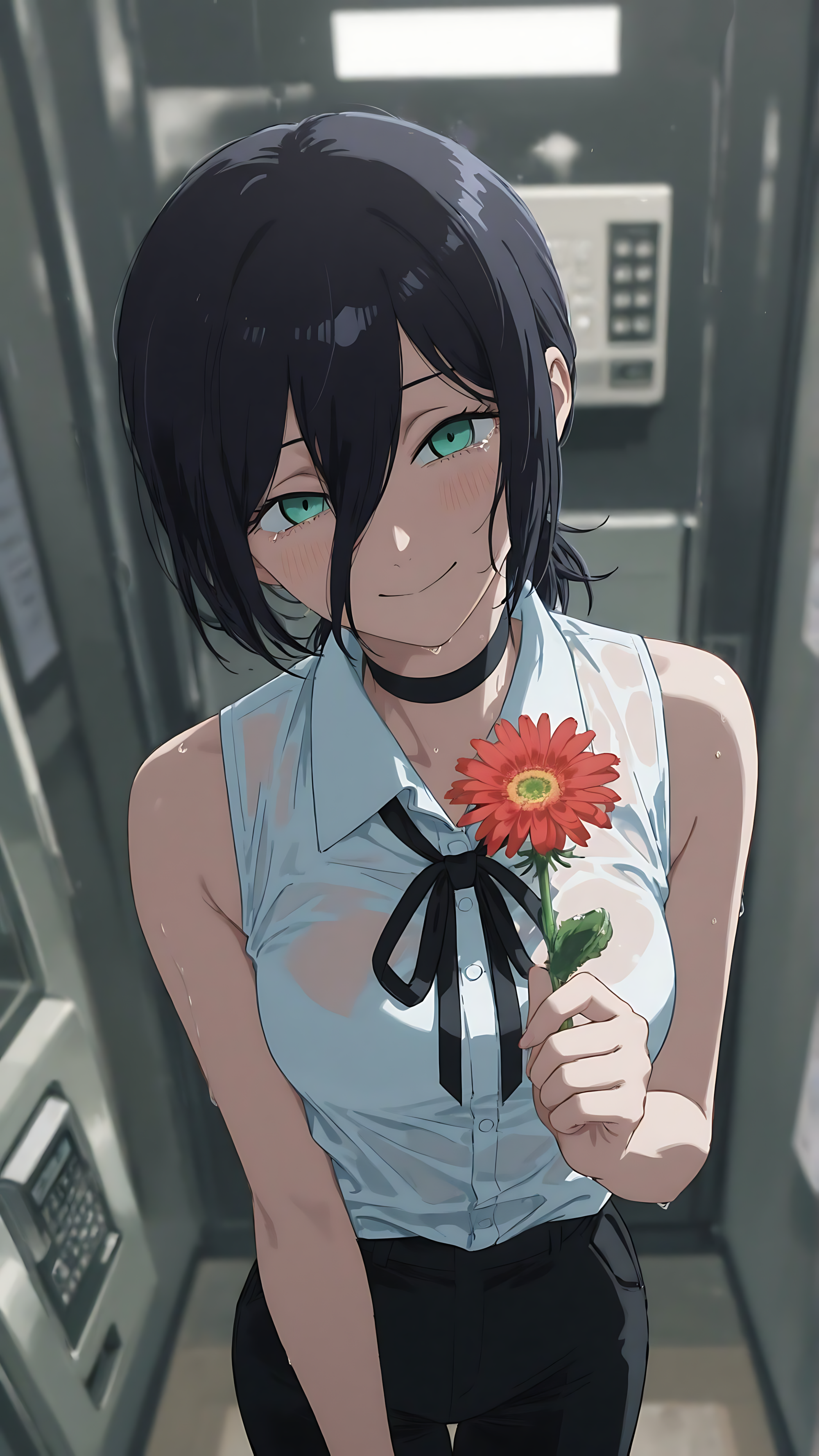 Anime wall poster of a girl with teal eyes holding a red flower with a ribbon tie