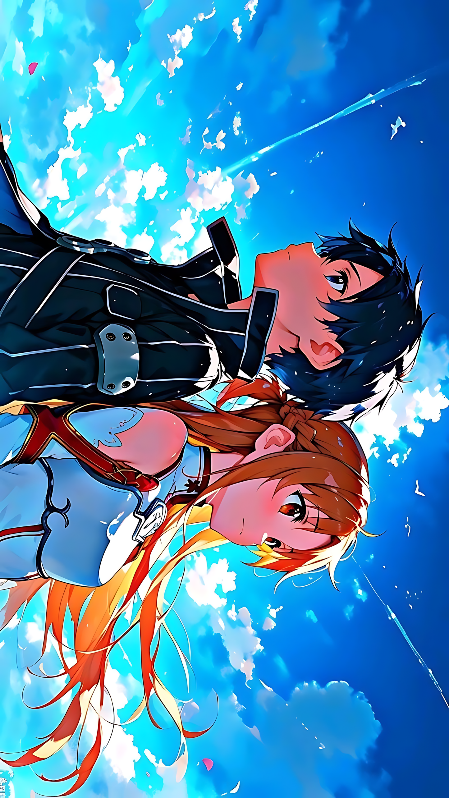 Blue anime character poster with two figures in midair, dynamic action and motion lines