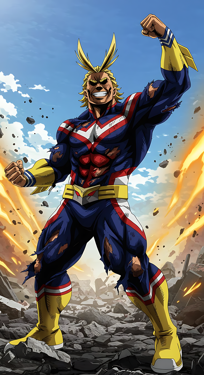All Might peace symbol poster, blond hero in blue/red suit raising fist