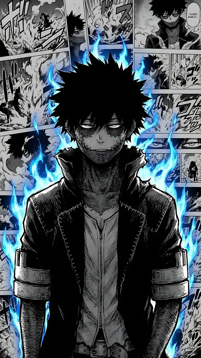 Anime character poster with spiky dark hair and blue flame effects