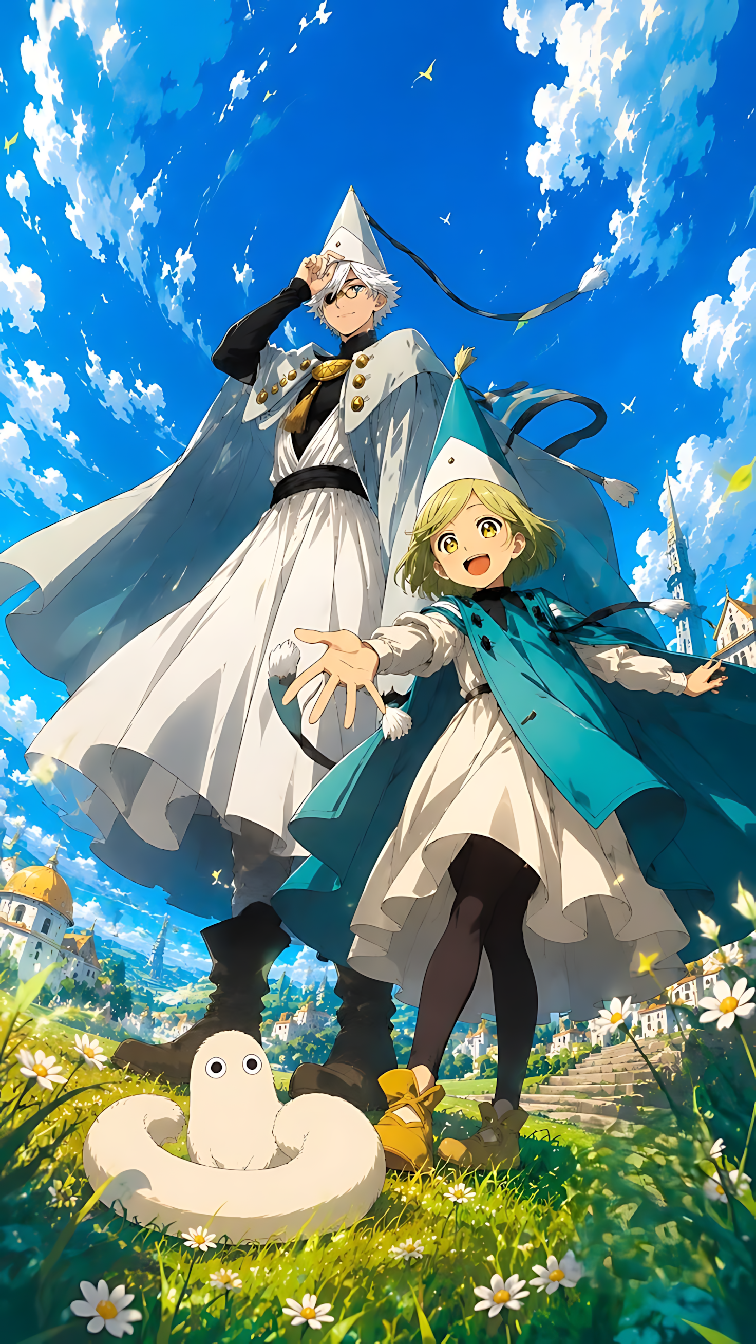Azure sky illustration poster with a wizard and young girl, flowers, and a white snake