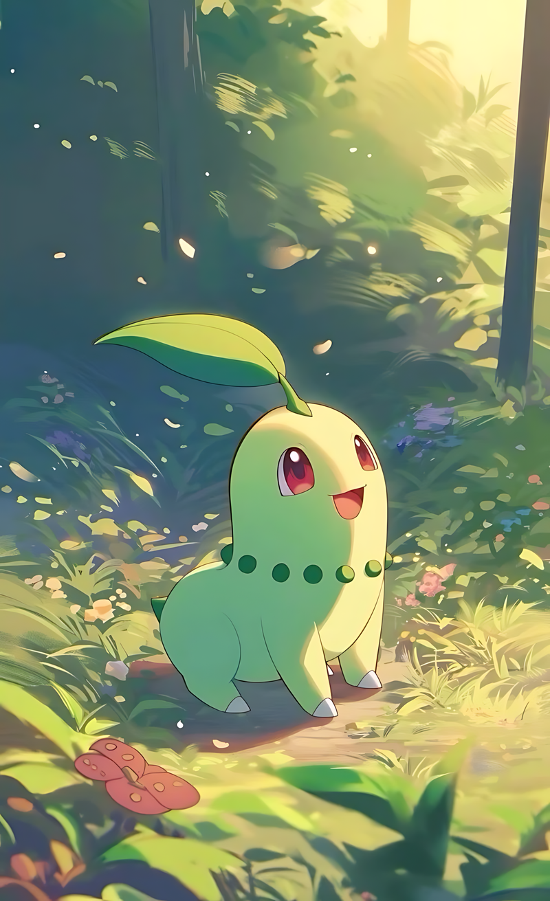 Chikorita poster with smiling green Pokémon in a sunlit forest clearing