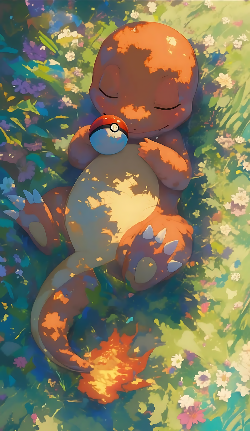 Charmander poster of a sleeping Charmander holding a Poké Ball in a flowered meadow