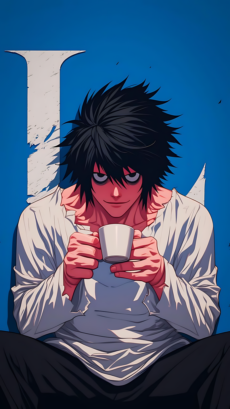 Anime character L holding a coffee cup poster with large bold emblem behind