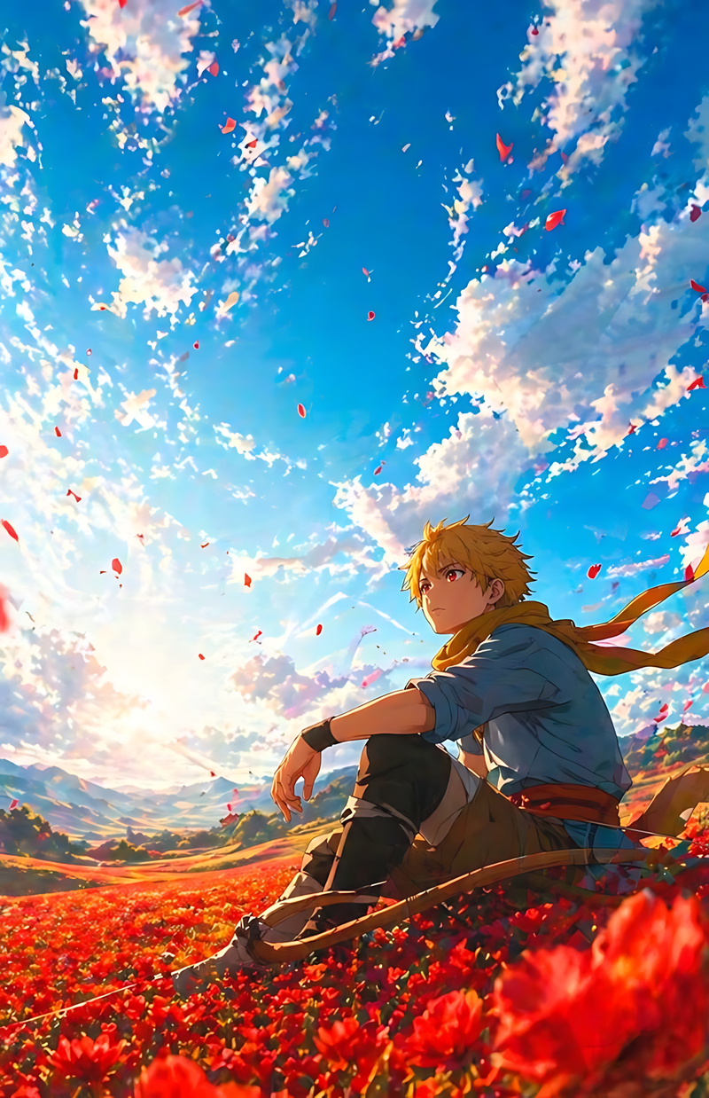Fantasy anime poster of a boy holding reins on a cart over a red flower meadow.