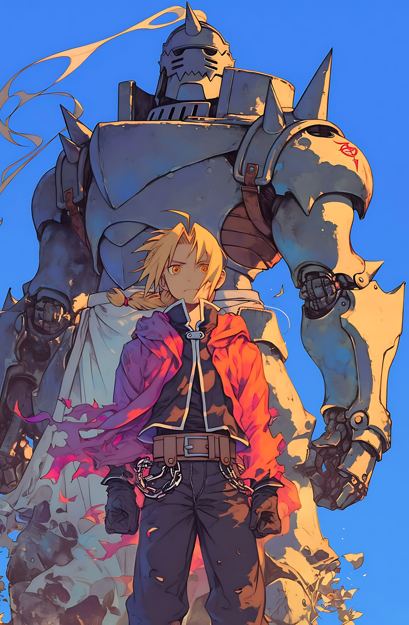 Anime character poster with armored figures, blond boy, and warm glowing flames, PIXBY