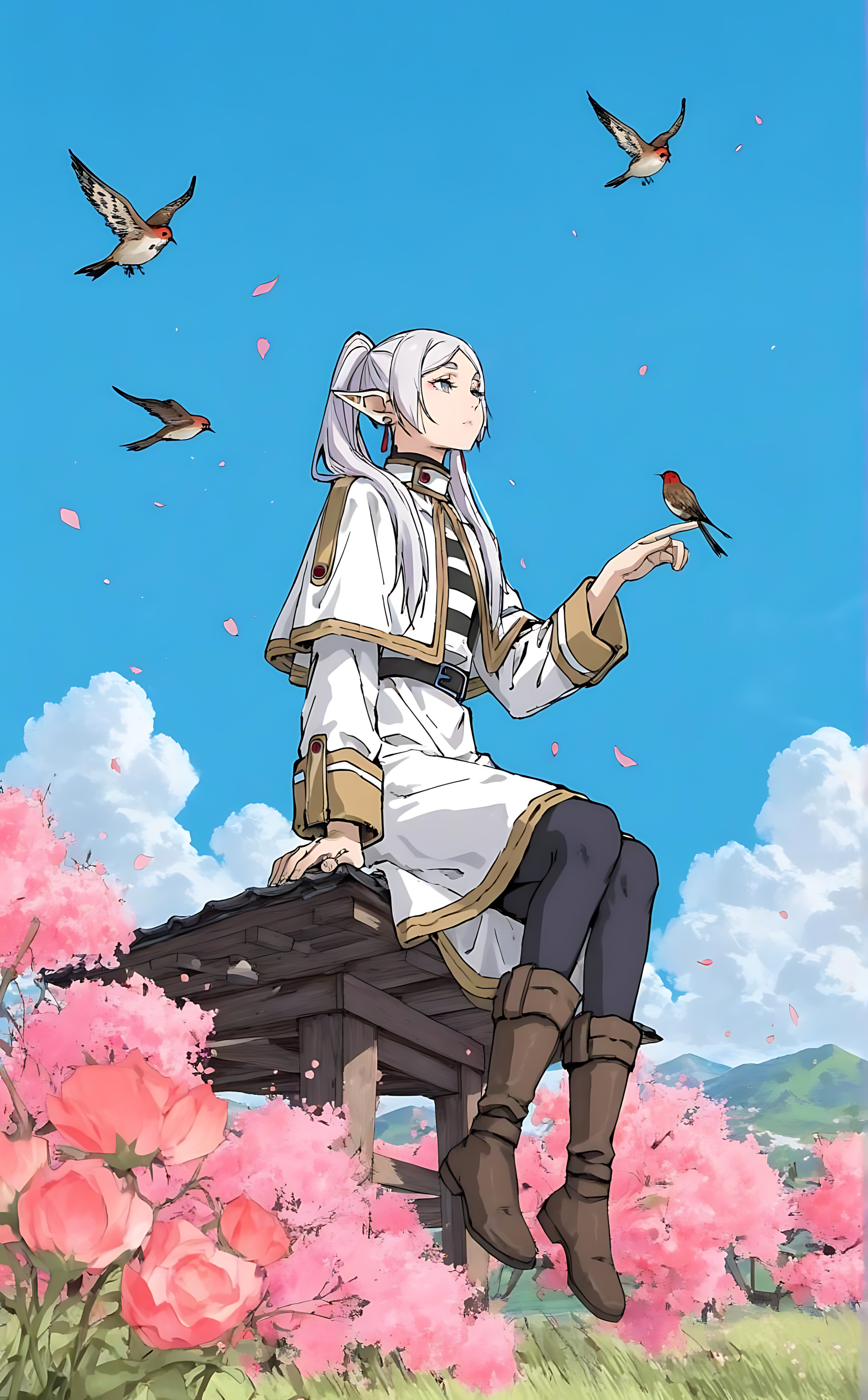 Springtime bird perch poster with a seated anime girl and small birds in blue sky