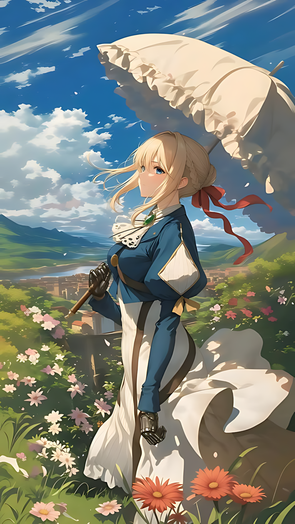 Scenic meadow parasol poster featuring anime girl in blue dress holding beige parasol