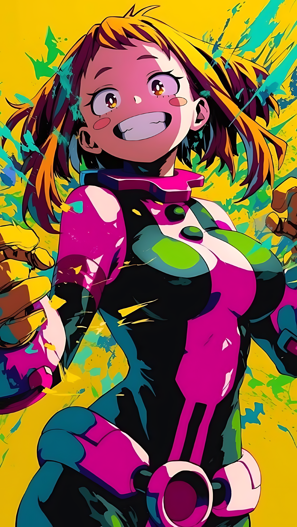 Gravity-defying hero poster featuring a colorful anime character in purple and black suit