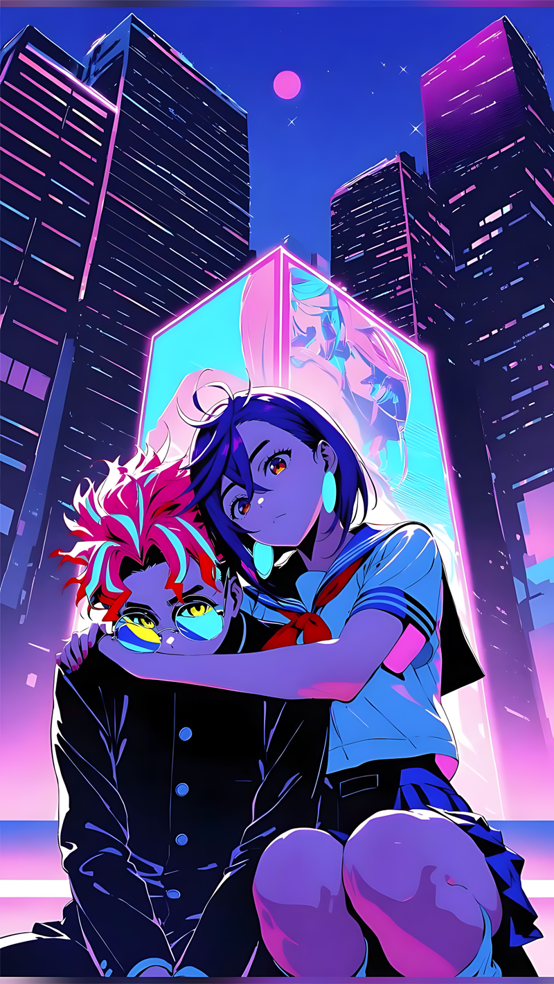 Cyberpunk neon skyline poster with two anime characters hugging in a city street scene