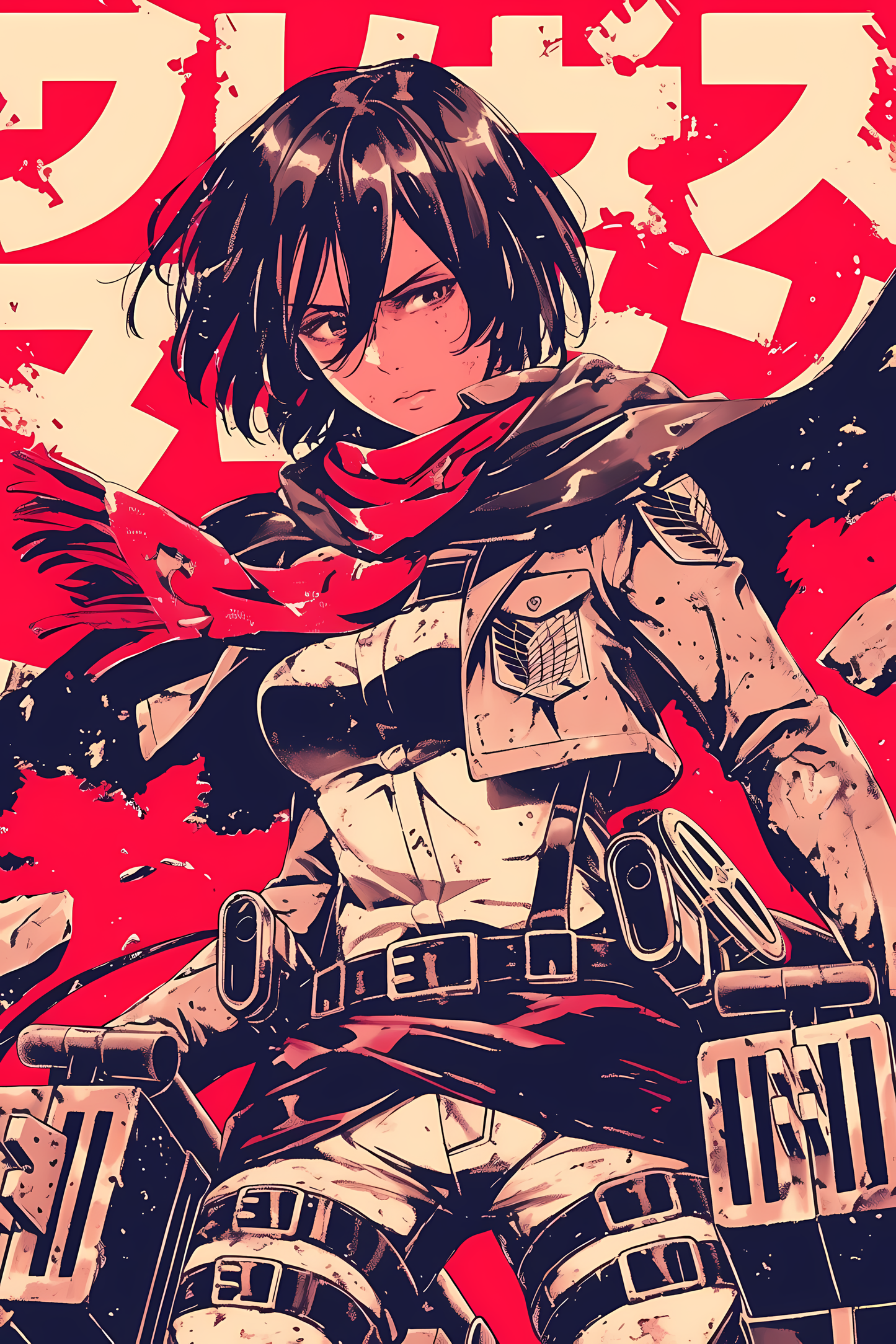 Anime character poster of Mikasa Ackerman with red scarf and armored uniform