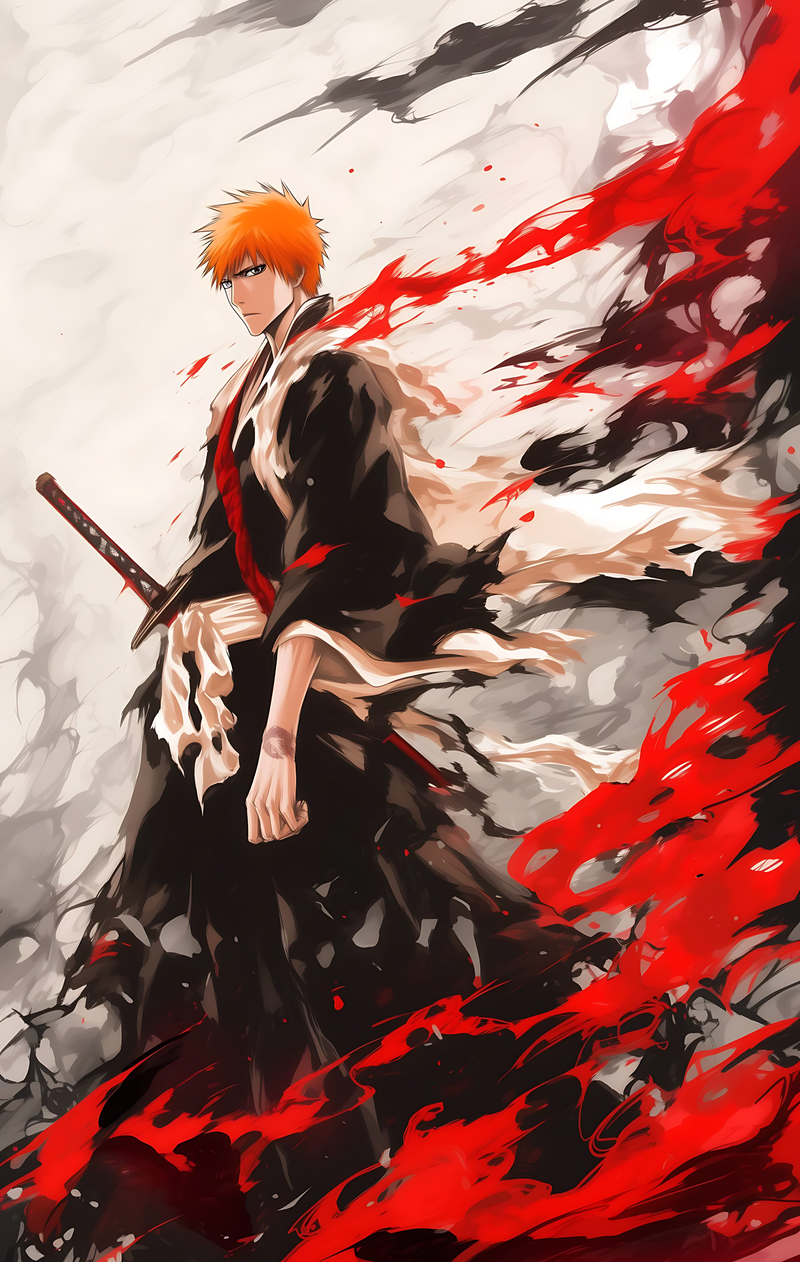 Soul reaper anime poster: orange-haired warrior in black with sword, red and white splash