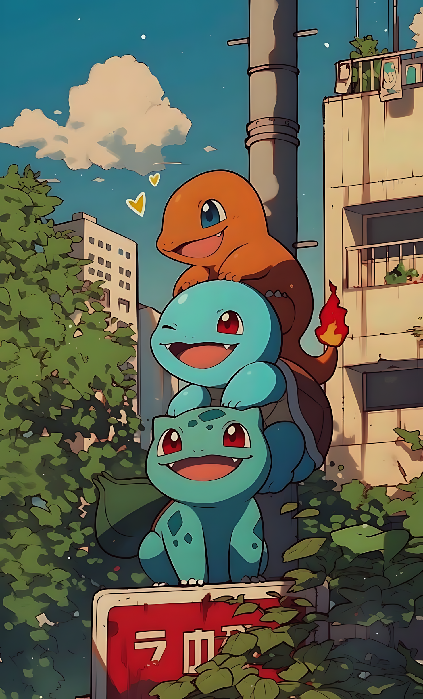Pokémon art poster with Charmander, Squirtle, and Bulbasaur stacked in an urban scene.