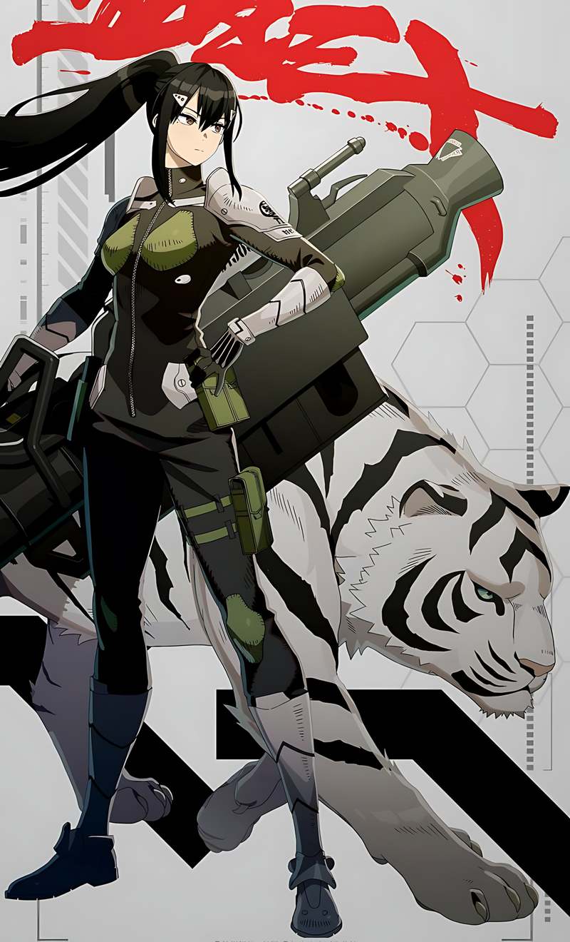 Anime defense commander poster: woman in dark green uniform holding rifle, with kaiju