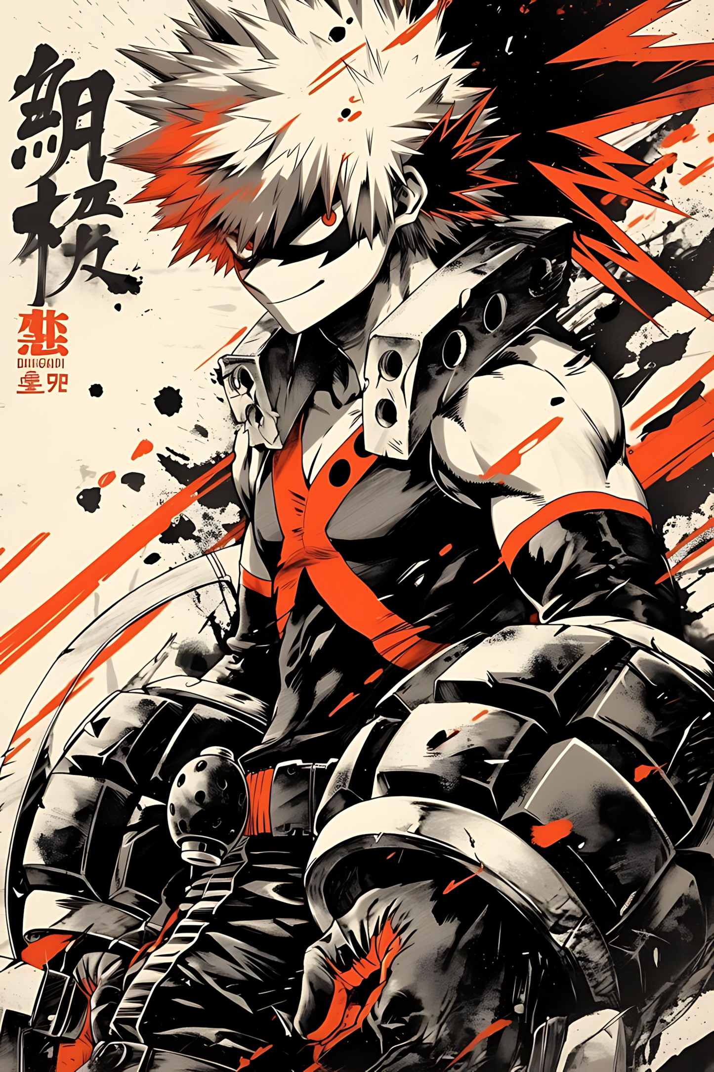 Anime wall poster of spiky-haired hero in orange and black with explosion burst