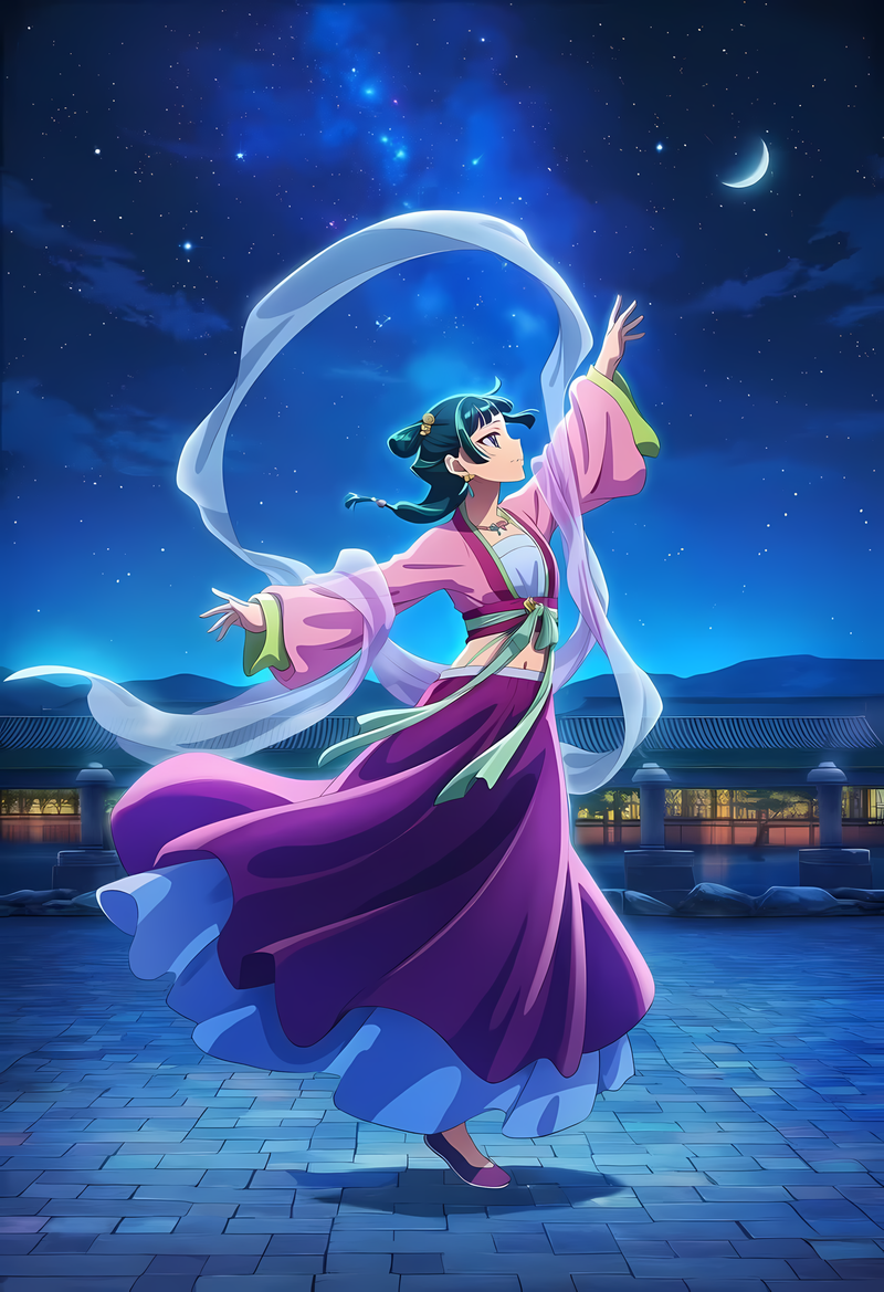 Anime starlight dance poster with Maomao in flowing purple dress, blue night sky