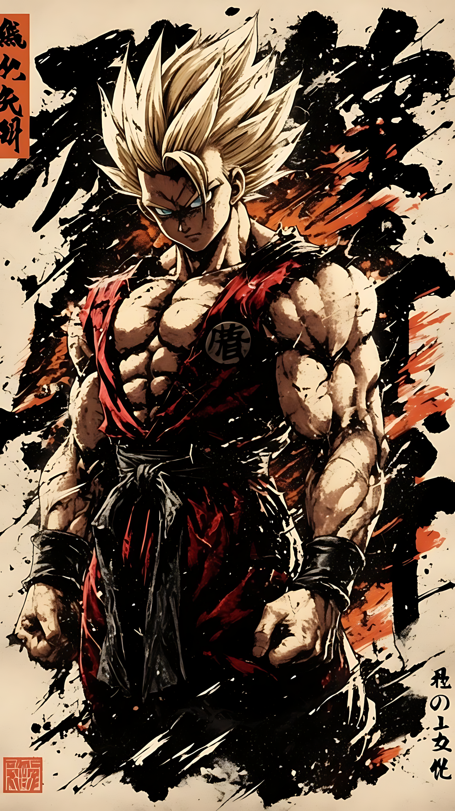 Dragon Ball Z ink-brush wall poster: spiky-haired fighter in dark gi with red sash