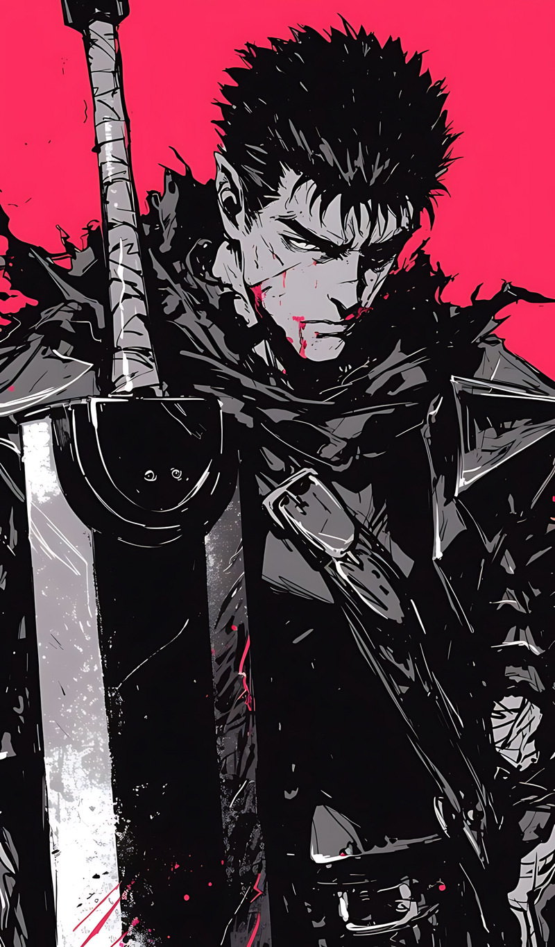 Berserk poster with close-up of spiky-haired warrior holding a large sword
