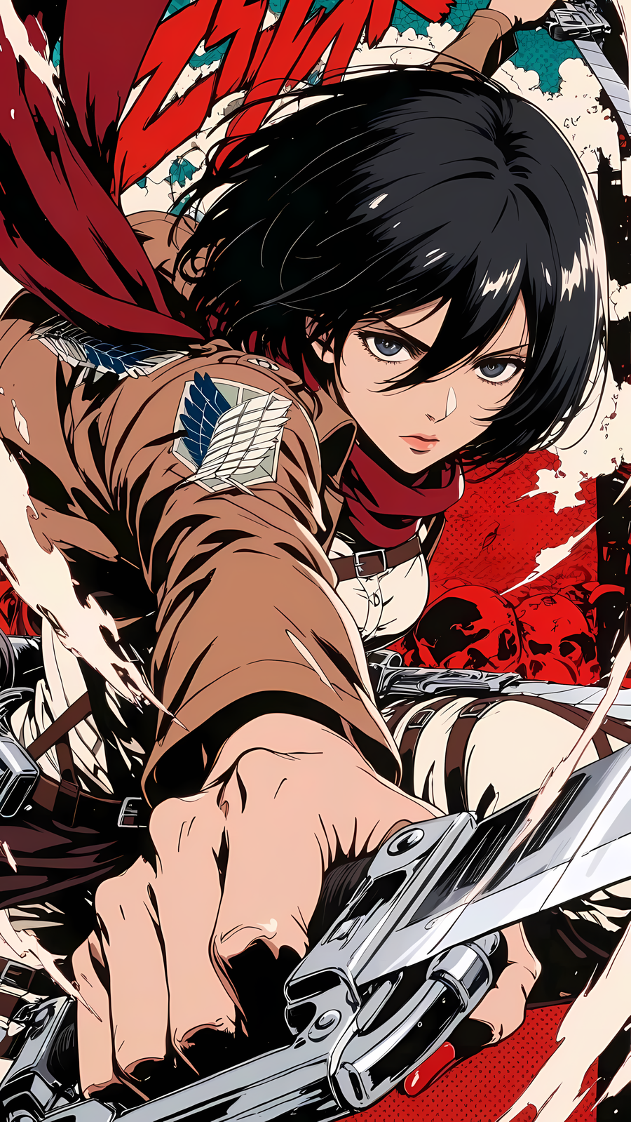 Mikasa Ackerman action poster in scout uniform holding twin blades, dynamic close-up.
