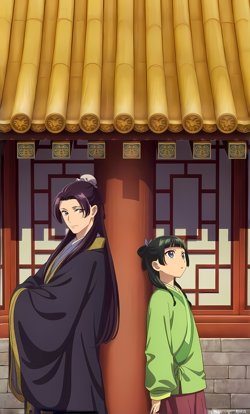 Illustrated poster featuring two characters in traditional robes standing side by side