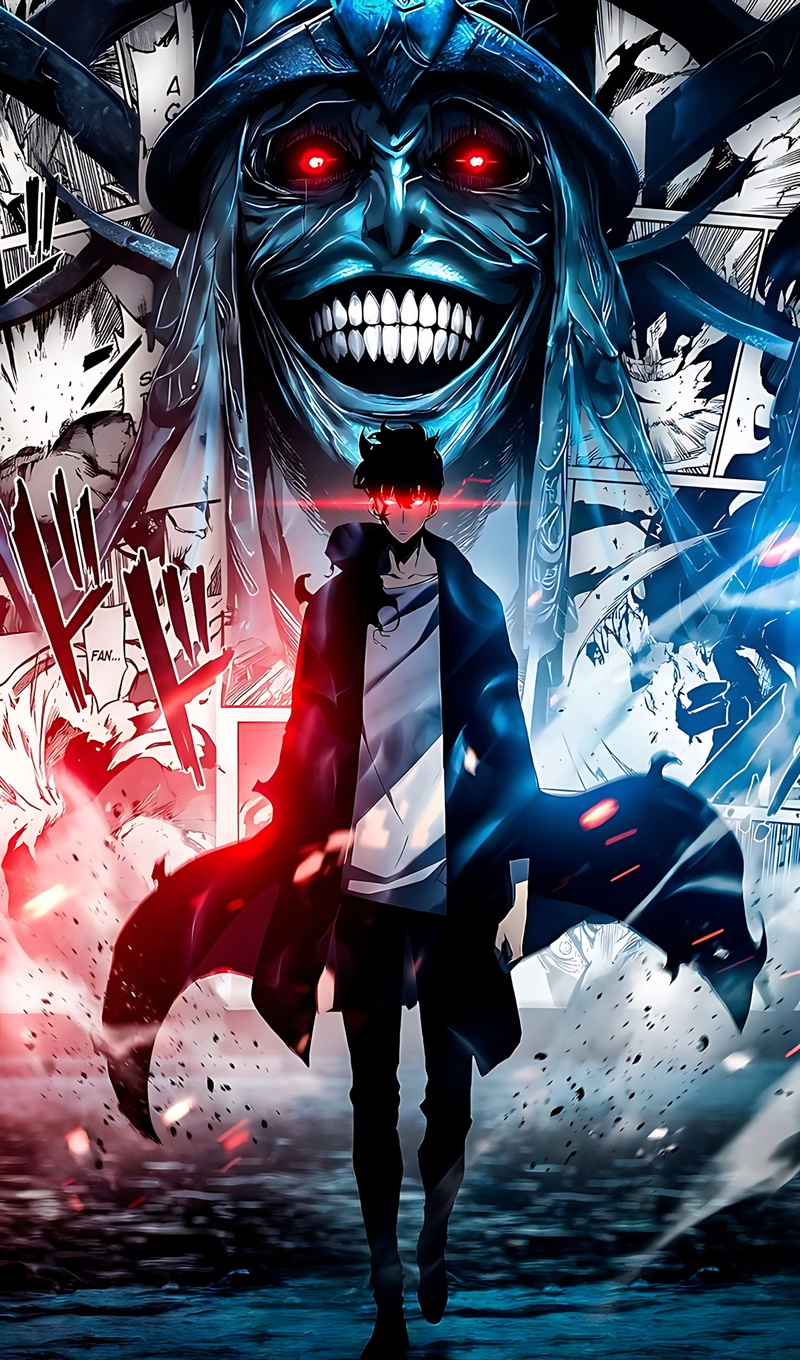 Anime-style solo leveling poster with blue monster face, red glow, and standing hero