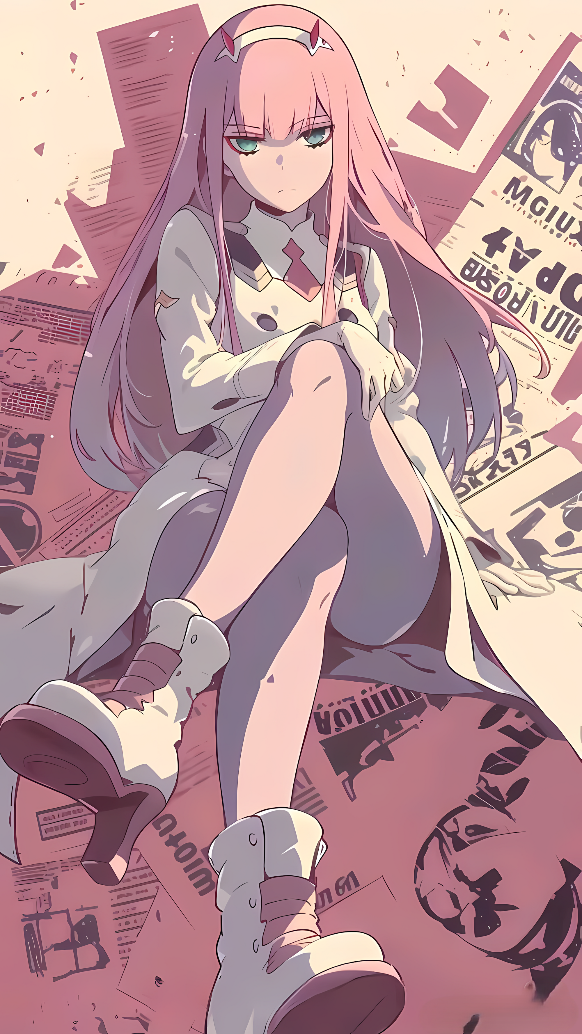 PIXBY Zero Two anime art poster, pink-haired character in purple outfit