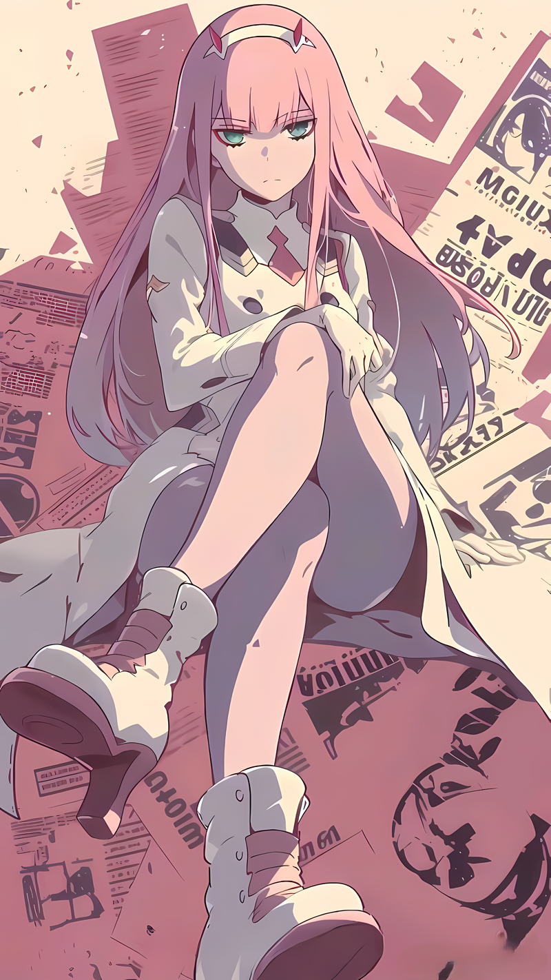 PIXBY Zero Two anime art poster, pink-haired character in purple outfit