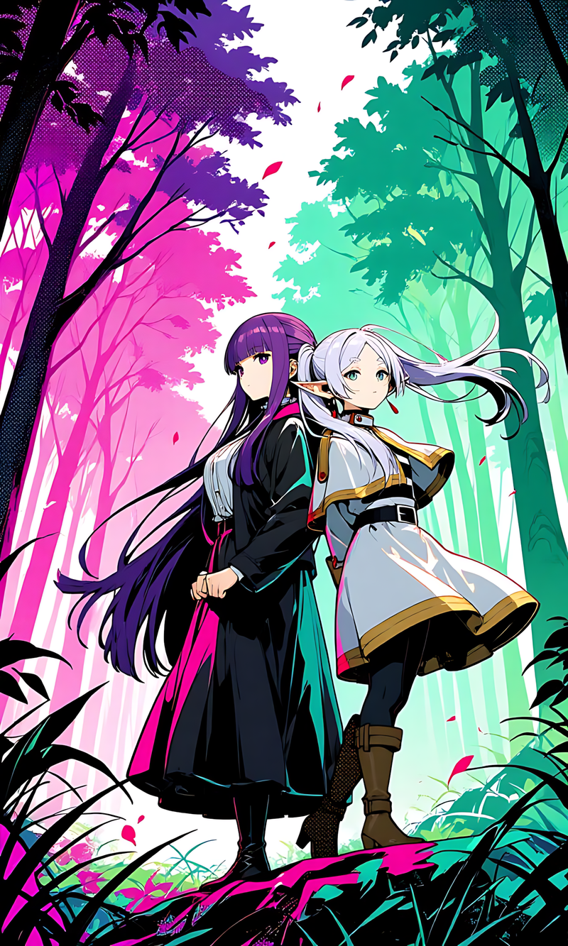 Neon forest anime poster with two characters standing among glowing trees and foliage