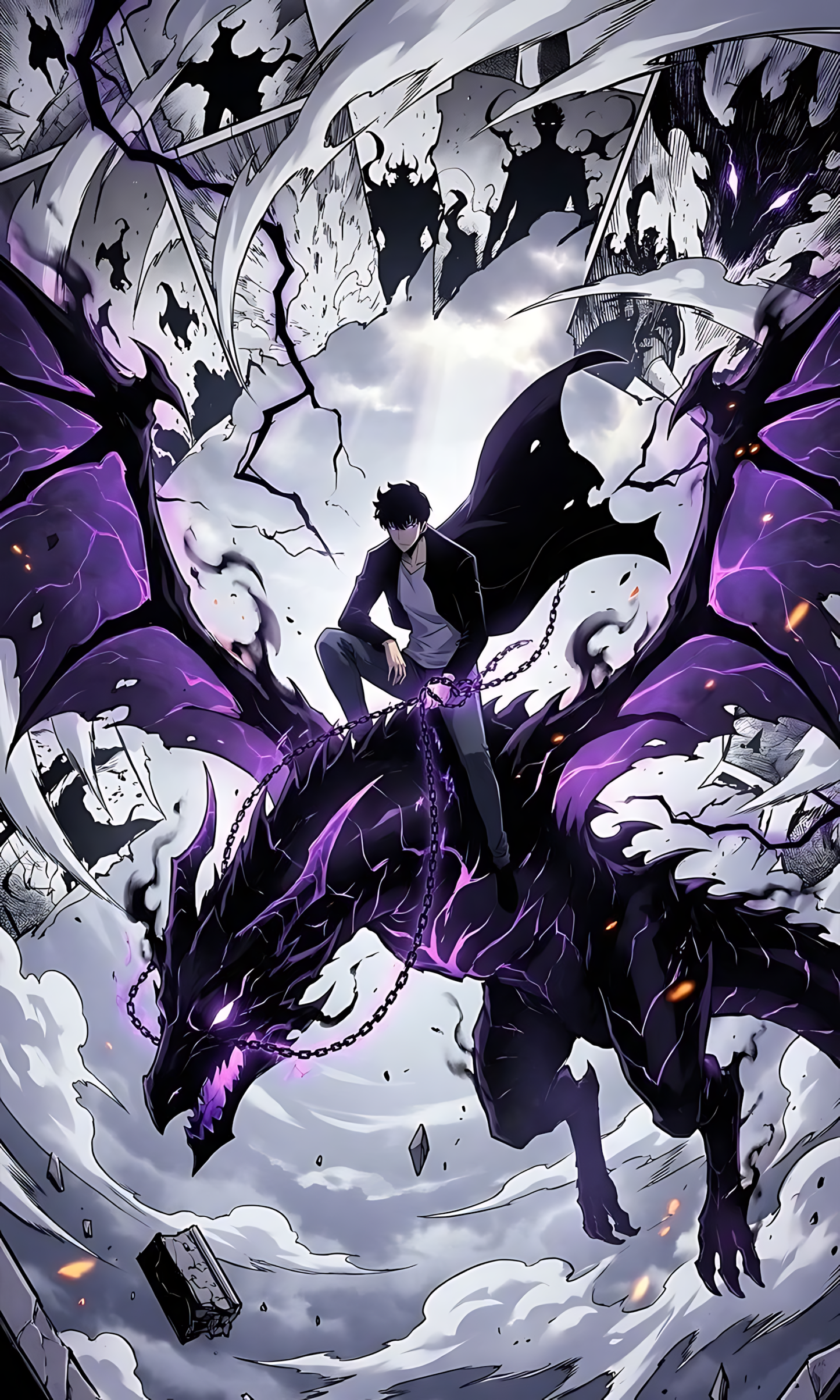 Dragon ride anime poster with dark hero and purple shadow wings, action scene