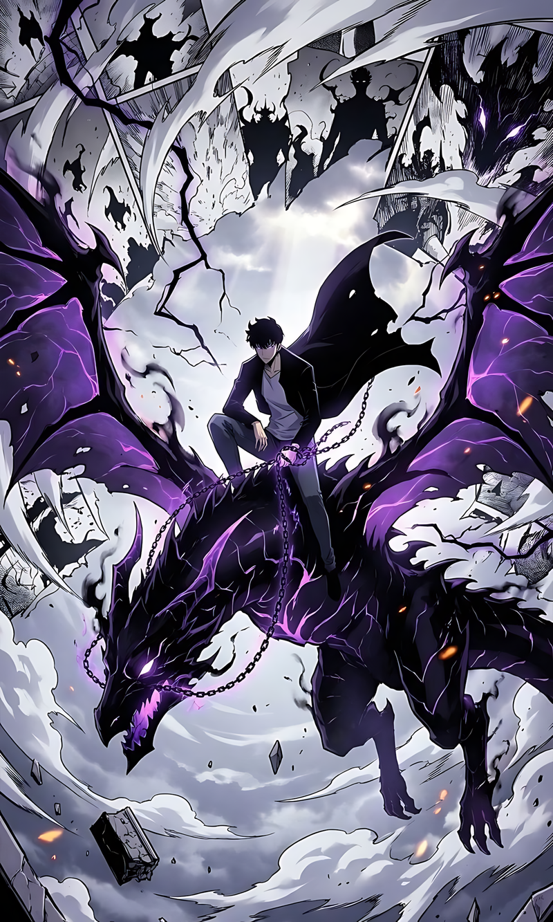 Dragon ride anime poster with dark hero and purple shadow wings, action scene