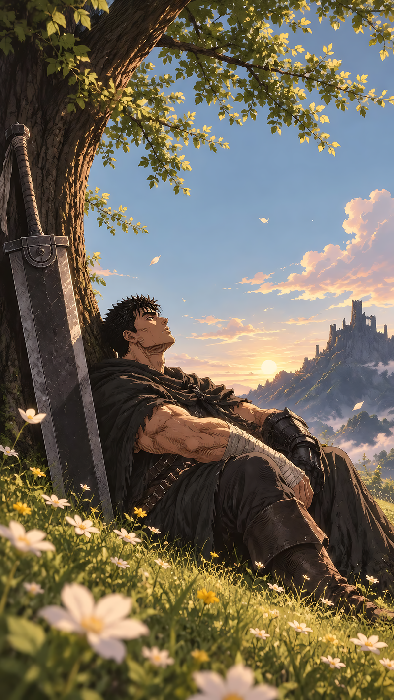 Fantasy poster of a dark-clad swordsman reclining with sword at sunset over mountains
