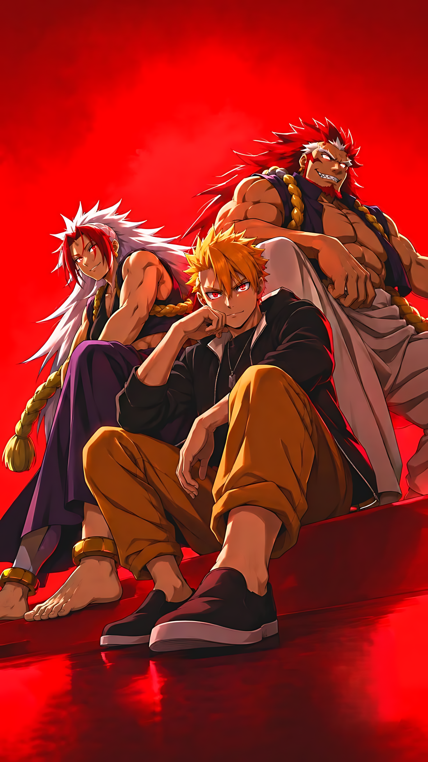 Anime demon character poster with three snarling boys, dynamic action pose