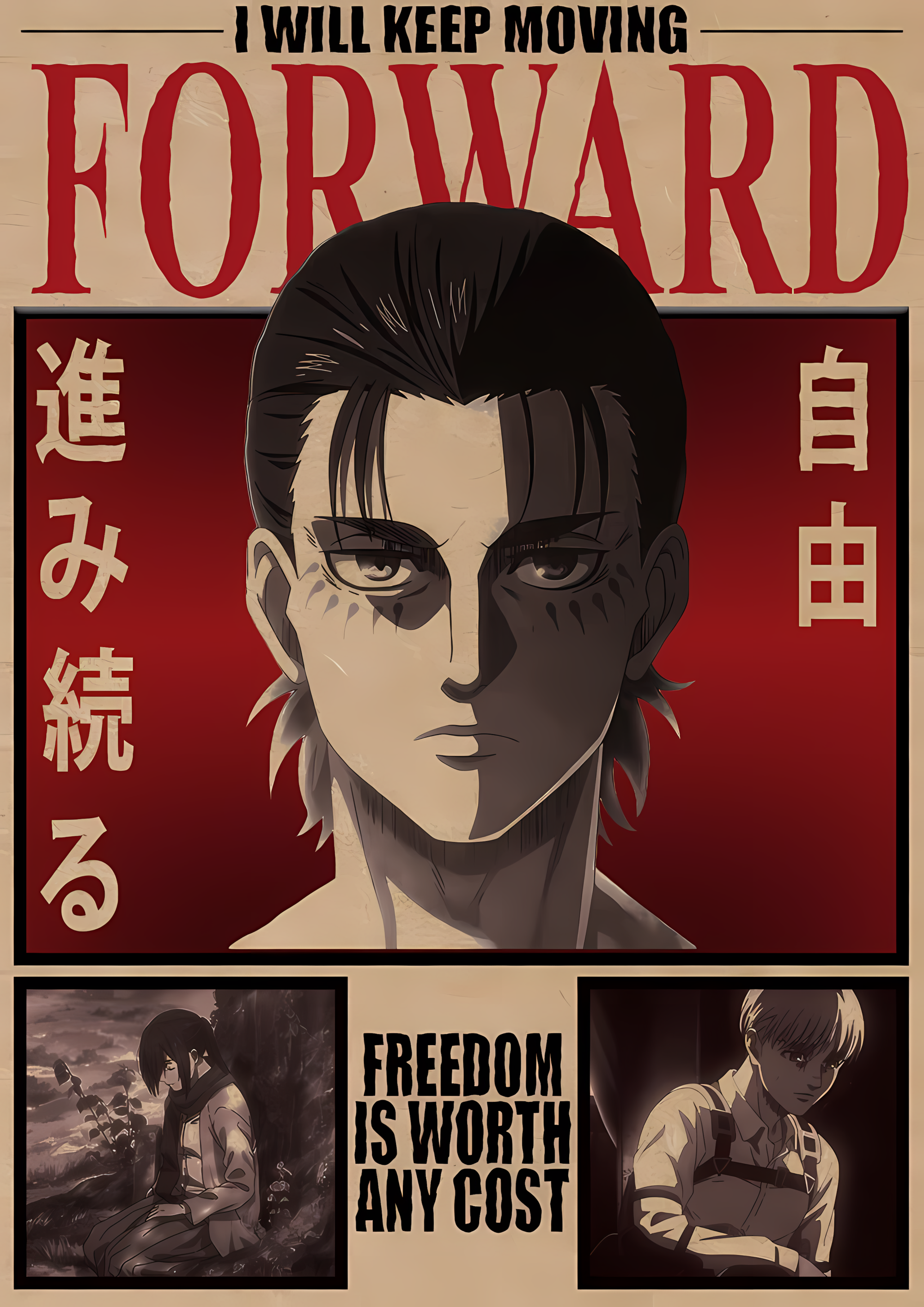 Anime portrait poster with bold 'I WILL KEEP MOVING FORWARD' headline