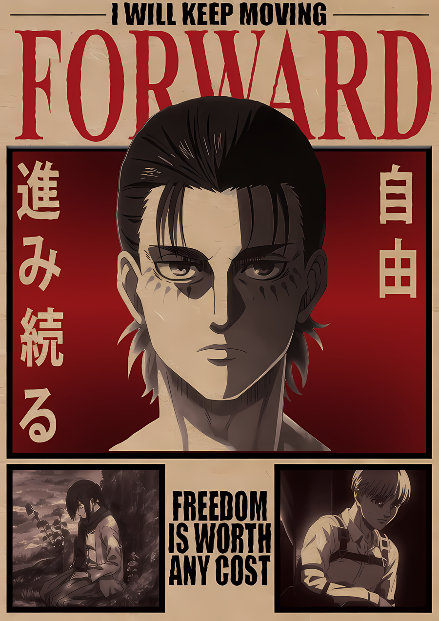 Anime portrait poster with bold 'I WILL KEEP MOVING FORWARD' headline