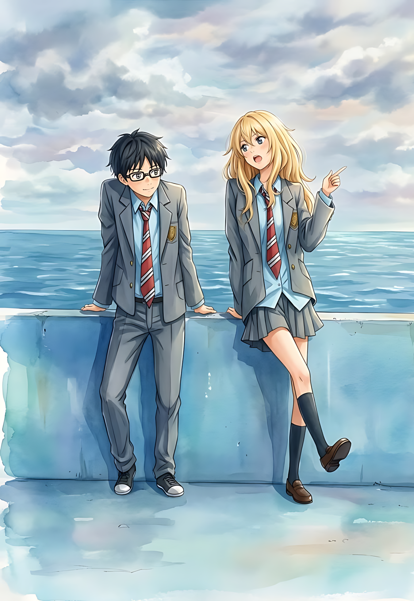 Seaside anime poster with two students in school uniforms, boy and blonde girl posing