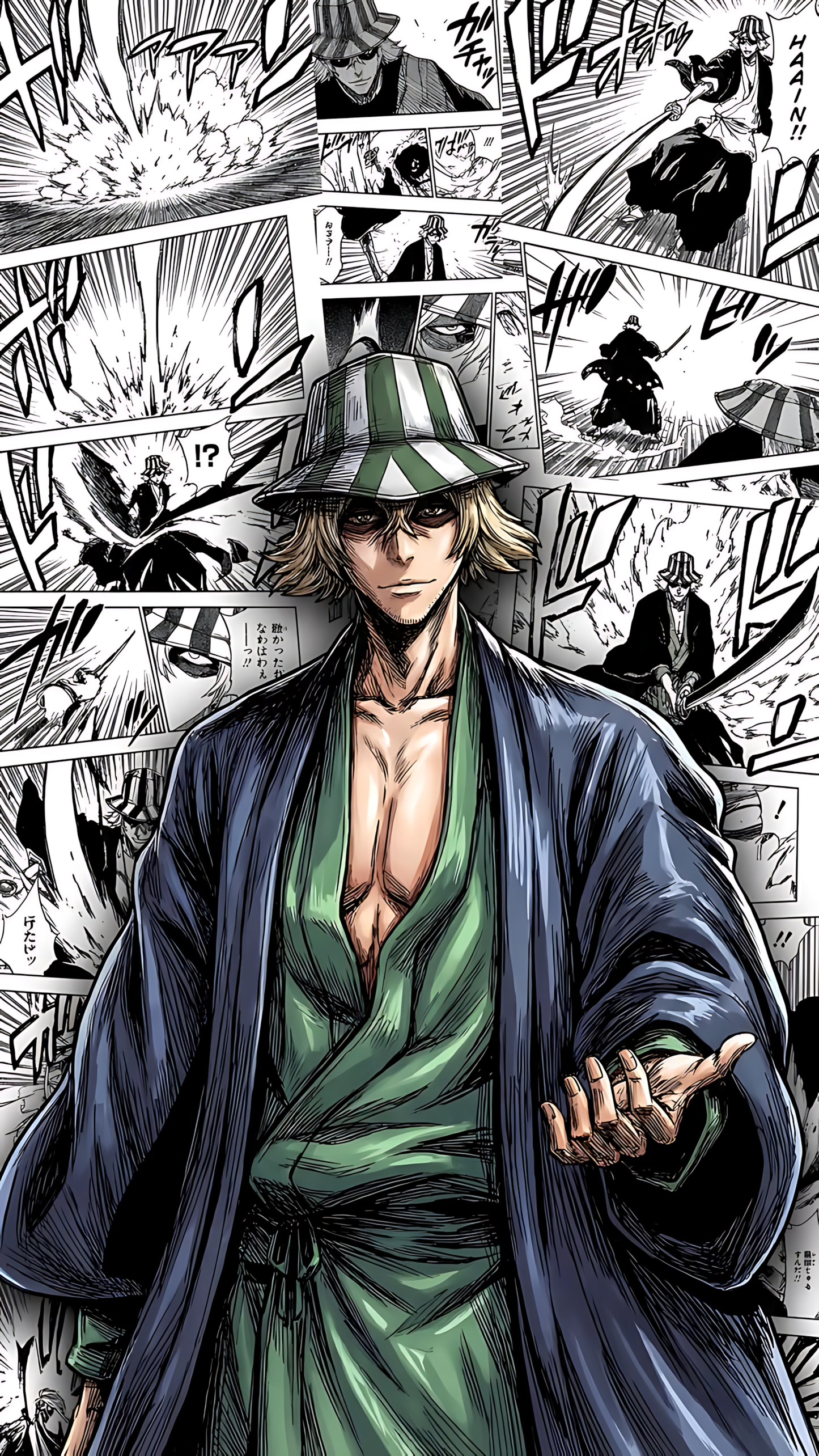 Anime manga wall poster featuring a green-haired male in a dark coat and hat.