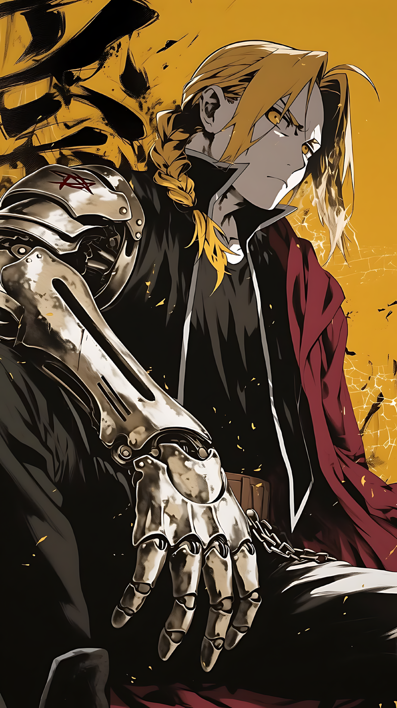 Automail arm close-up poster featuring Edward Elric in armor, blond hair, red coat