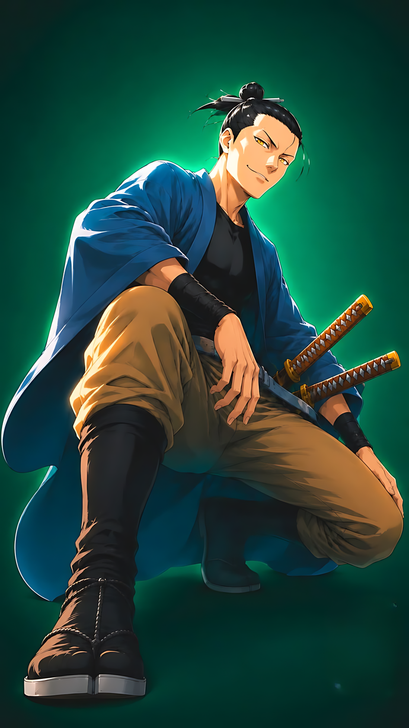 Anime swordsman poster with dark haired character holding katana, blue cloak