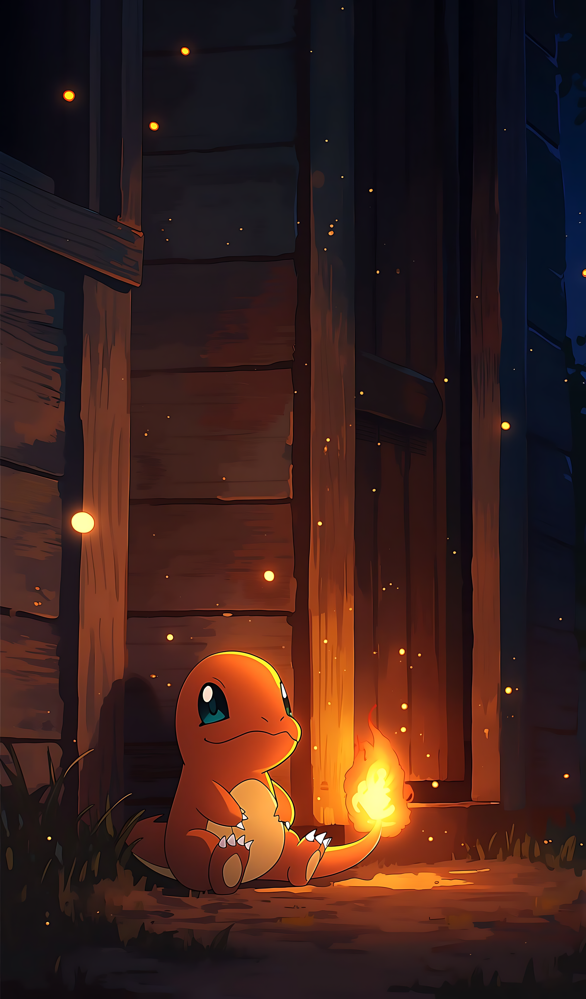 Charmander cozy night poster: cute orange lizard holding a flame by a window