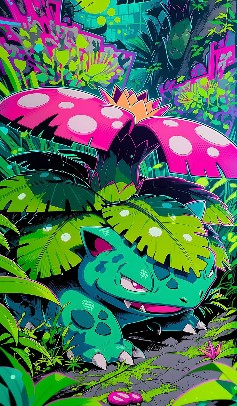 Venusaur neon jungle bloom poster with vivid tropical leaves and neon colors