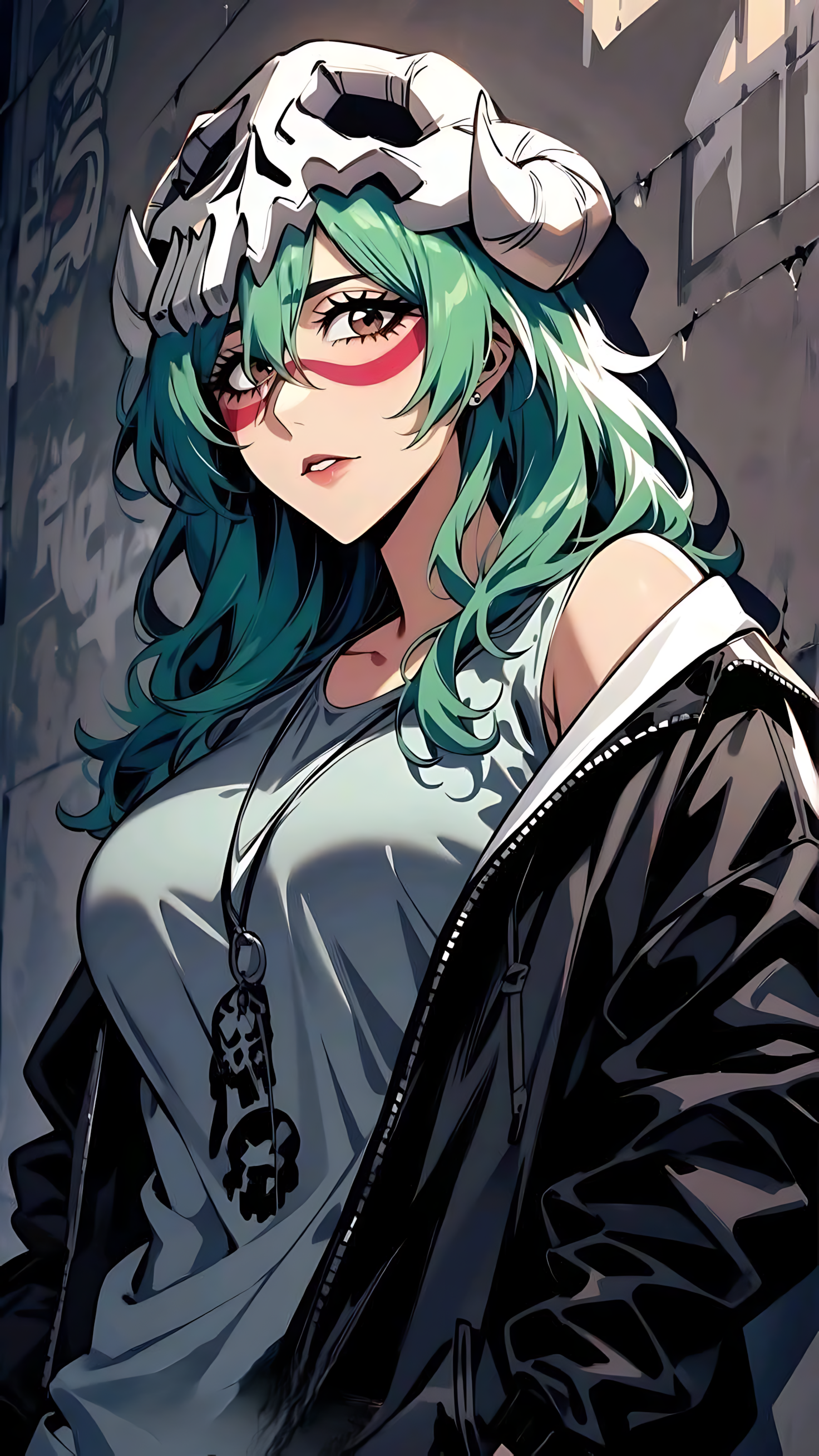 Anime wall poster of Nelliel character with teal-green hair, white shirt, dark jacket