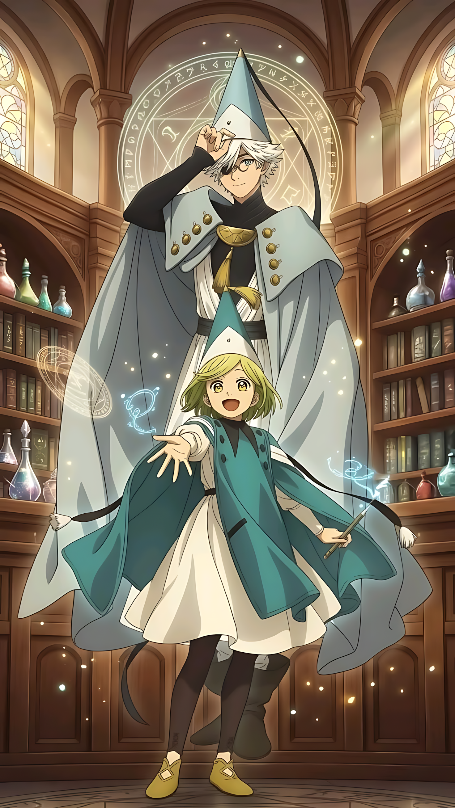 Illustrated witch wizard spellcasting poster with glowing magic and cloak character