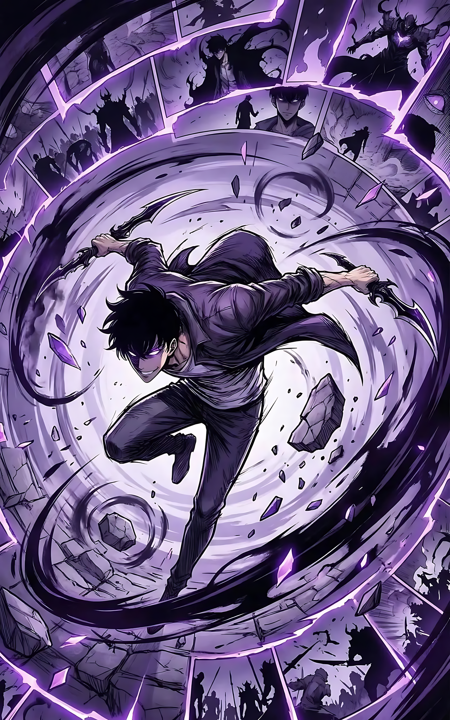 Anime poster of a hero in a swirling purple shadow vortex with glowing accents
