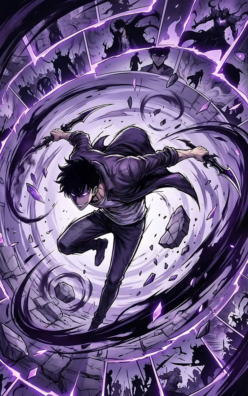 Anime poster of a hero in a swirling purple shadow vortex with glowing accents