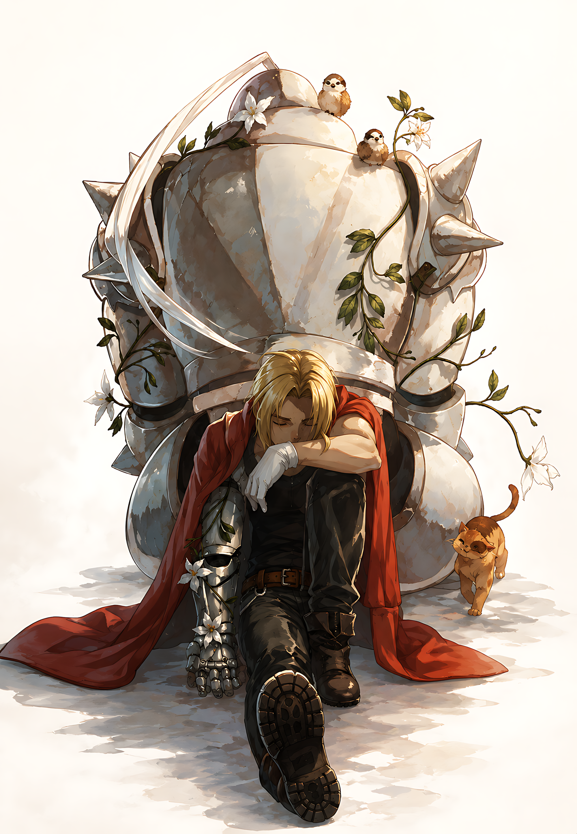 Anime character poster with two boys, armored outfit, red cape, and small dog